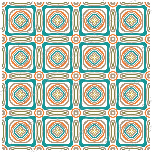 Repeating pattern with circular geometric shapes in green and orange with symmetrical details.