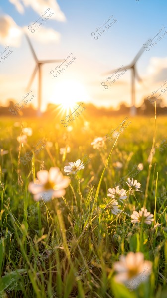 A close-up shot of small white flowers in a green field under bright sunlight during sunset. In the background, two wind turbines are visible under a blue sky with scattered clouds, evoking a sense of vitality and renewable energy.