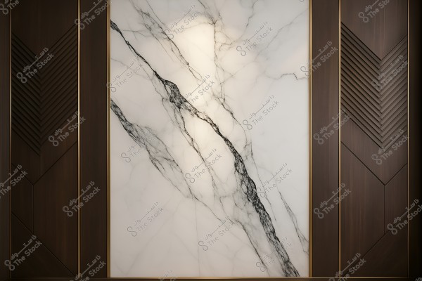 A panel of white marble with black veins, surrounded by a dark wooden frame featuring a stepped design. The wood pattern includes geometric decoration, combining elegant textures with a modern design.