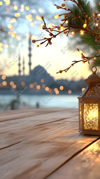 A picturesque scene showing a lit lantern on a wooden table during sunset, with small decorative lights on a tree branch in the foreground. In the background, there\'s a silhouette of a mosque with domes and multiple minarets, with a bokeh effect making the lights appear twinkly. The sky gently transitions from yellow to blue.