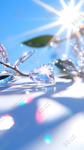 An image showing transparent crystal leaves sparkling under bright sunlight. The background features a clear blue sky, and the light passes through the leaves, reflecting a spectrum of colors.