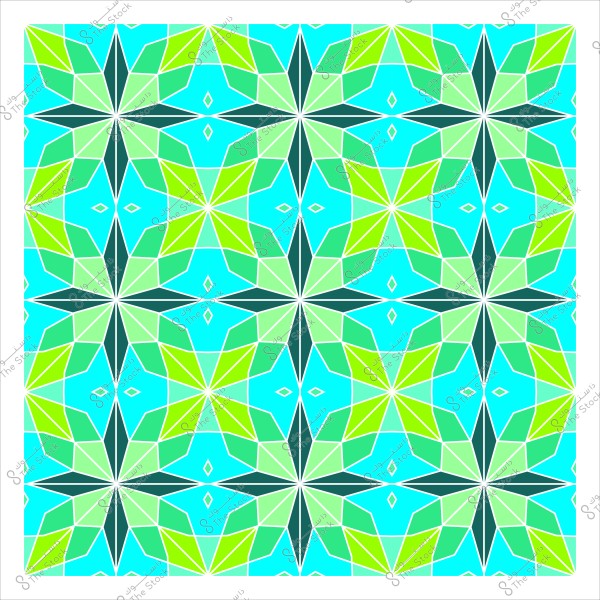 نمط هندسي متماثل يتكون من أشكال نجمية خضراء وألوان مختلفة من الأخضر على خلفية زرقاء سماوية. يتكرر التصميم ليشكل شبكة معقدة ومتناسقة من الأشكال الهندسية المتماثلة.

-