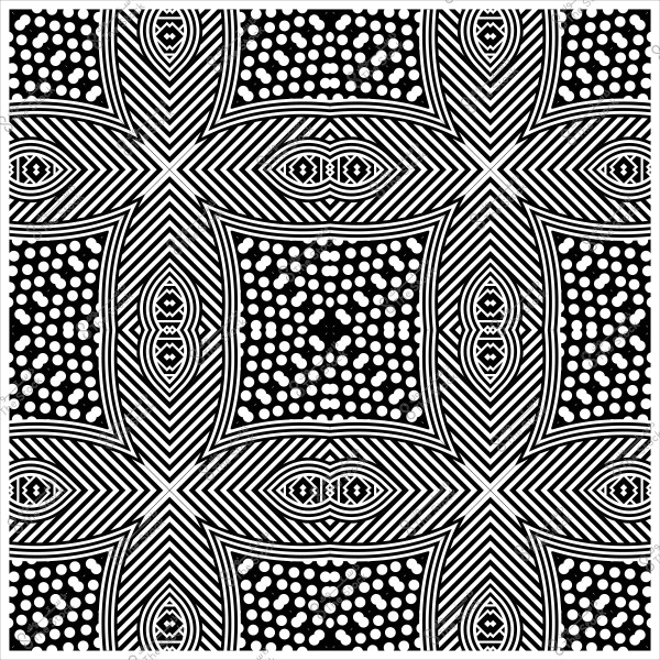 نمط أبيض وأسود مجرد يتميز بتصميم هندسي مكون من خطوط متقاطعة ونقاط دائرية.