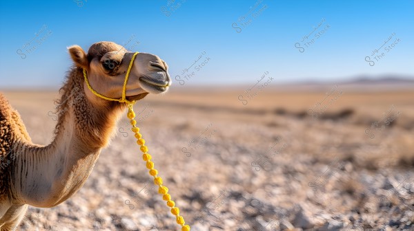 A photo of a camel in the desert with a yellow rope tied around its nose, extending to its side like a decoration. The background consists of a wide desert landscape with a clear blue sky.