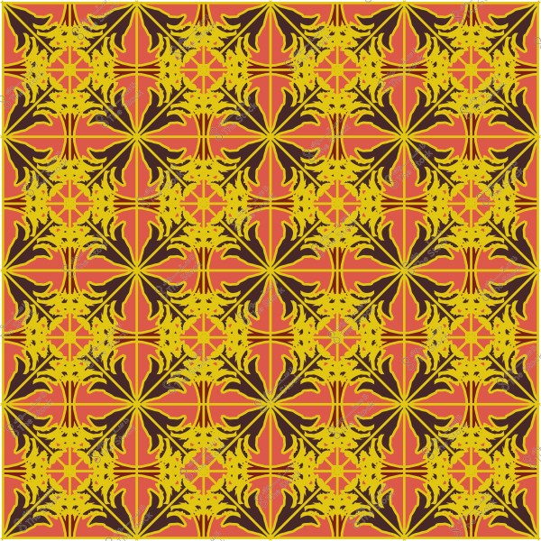 نمط زخرفي متكرر بألوان صفراء وبرتقالية يتضمن أشكال هندسية ونباتية.