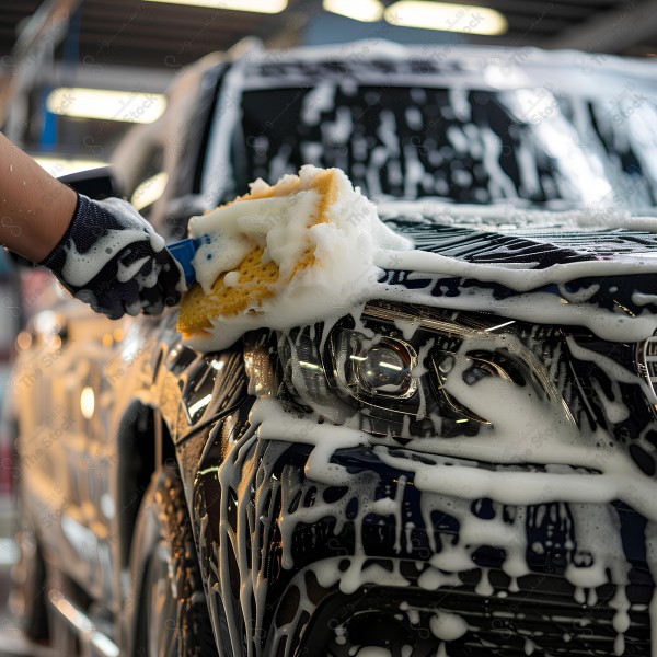 A person washing the front of a car with a soap-filled sponge، by AI