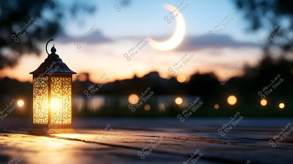 A traditional illuminated lantern placed on a wooden surface with a background showing a large crescent moon in the sky and out-of-focus circular lights. The sunset scene is visible on the horizon, with the sky colored in warm tones.