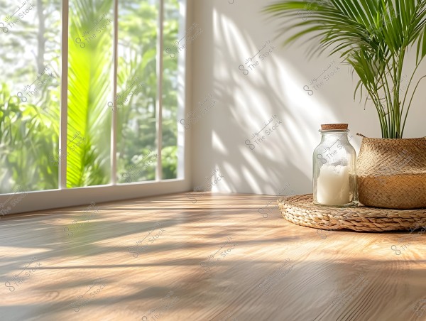The image shows a corner of a sunlit room, with light streaming in through a large window revealing green plants outside. On the wooden floor, there is a woven basket holding a green indoor plant and a glass jar with a cork lid.