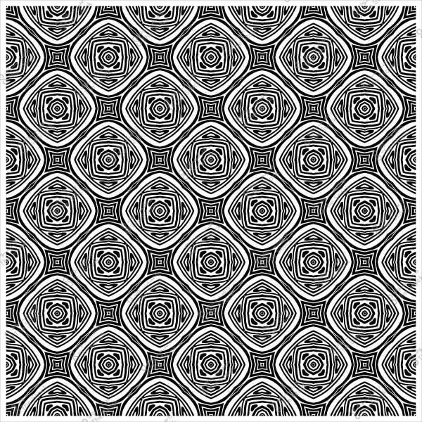 A black and white geometric pattern with repeating shapes resembling circles and squares nested within each other.