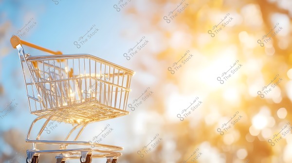 Image of an empty metal shopping cart in the foreground, set against a blurred background of golden and blue hues. Sunlight illuminates the cart, adding a sense of warmth and brightness to the scene.
