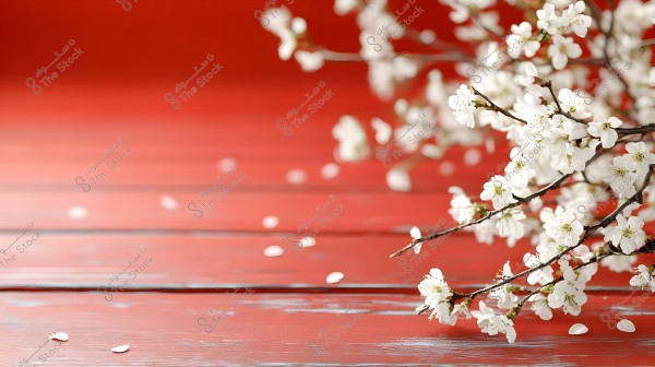 Image of a branch with blooming white flowers against a red wooden background. The petals are scattered randomly across the wooden surface, adding a touch of beauty to the scene.