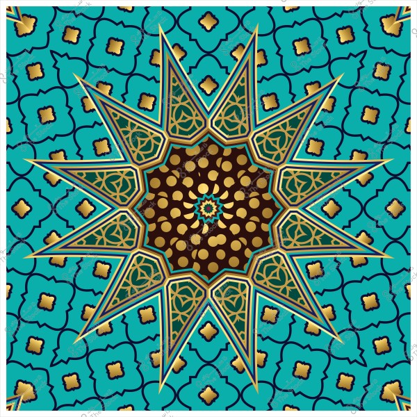نمط هندسي إسلامي متعدد الألوان باللونين الأزرق والذهبي والزخارف الذهبية.