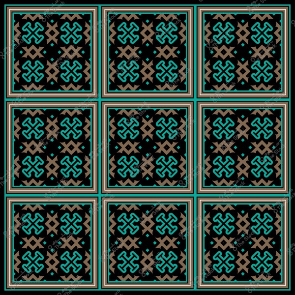 نمط زخرفي هندسي مكون من مربعات مكررة بزخارف متشابكة بألوان زرقاء وبنية على خلفية سوداء.