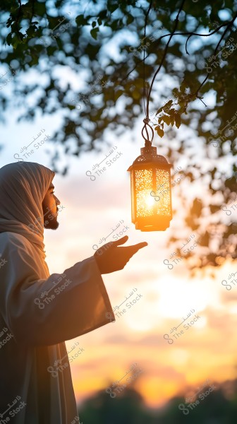 Image of a man wearing traditional robe and keffiyeh, looking at an illuminated lantern hanging from a tree. The background features a sunset with tree silhouettes at the top.