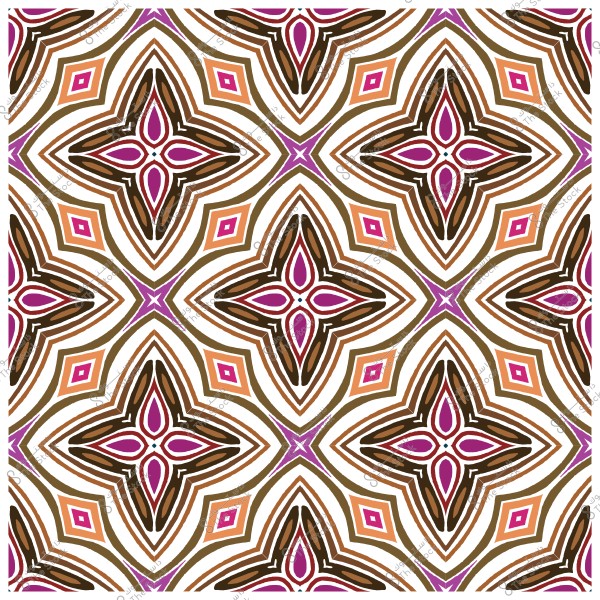 Colorful geometric pattern with intersecting motifs featuring diamond shapes and four-petal designs in orange, brown, purple, and white.