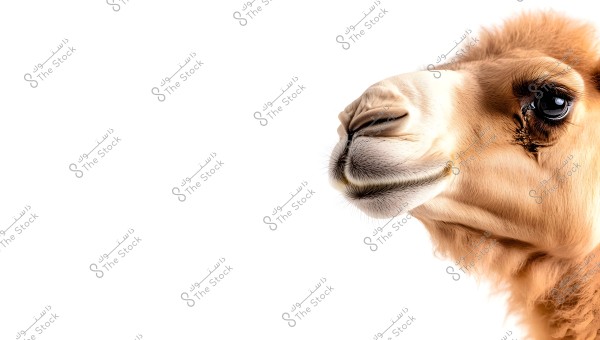 A close-up image of a camel\'s head, showcasing the detailed features of its snout, fur, and large glossy eyes. The background is completely white, highlighting the camel\'s features.