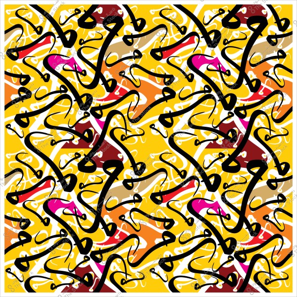 An abstract pattern featuring lively calligraphic shapes on a yellow background with various colors like red, pink, orange, and brown.