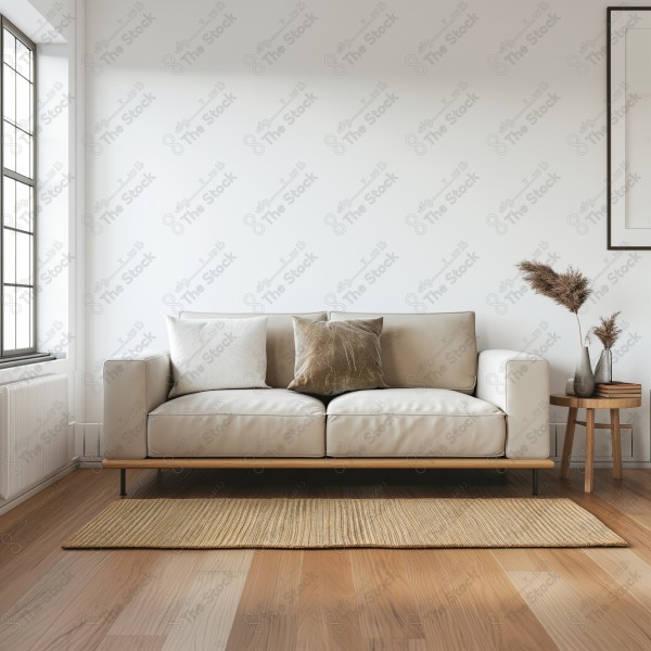 Minimalist living room, beige sofa, decorative pillows, natural light, hardwood floor, cozy, modern, side table, vase with dried flowers, clean design, Scandinavian style.