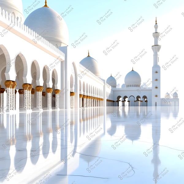 Image of a large mosque with Islamic architectural design featuring white domes and tall minarets. The ground in front of the mosque is shiny, reflecting the structure beautifully. The design includes large arches and golden embellishments on the columns. The sky is blue and clear in the background, adding a sense of calm and peace.