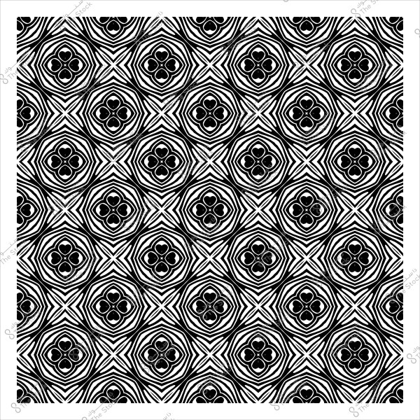 نمط هندسي متكرر باللونين الأسود والأبيض يتميز بأشكال زهرية داخل دوائر متمركزة.