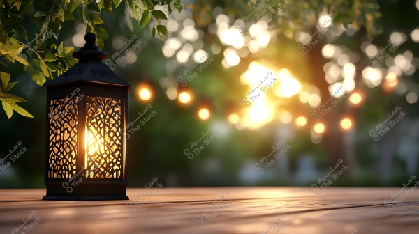 A decorative metal lantern lit up on a wooden outdoor table, with a blurred background of hanging lights and green trees with leaves under sunlight, creating a warm and cozy atmosphere.