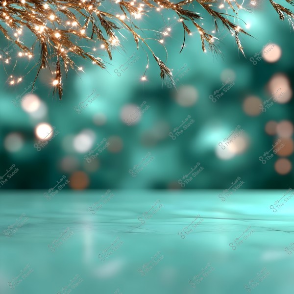 صورة لخلفية احتفالية تتضمن أضواء متلألئة معلقة من الأعلى, تظهر أمام خلفية ضبابية بدرجات اللون الأخضر الفاتح والداكن. الأرضية الأمامية تمثل مساحة خالية متدرجة باللون الأخضر.