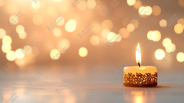 A small lit candle placed on a surface with a blurred background featuring circular bokeh light effects in warm tones.