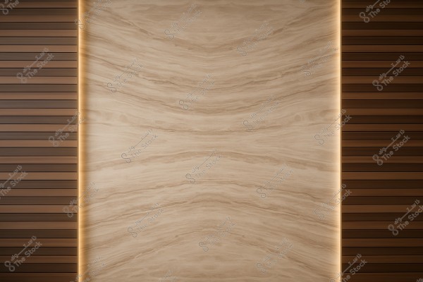 The image shows a wall design combining wood and marble tile. Beige, marble-like central tiles are framed by brown wooden panels on each side. The warm, dim lighting between the stone and wood adds a sense of warmth and modern elegance.