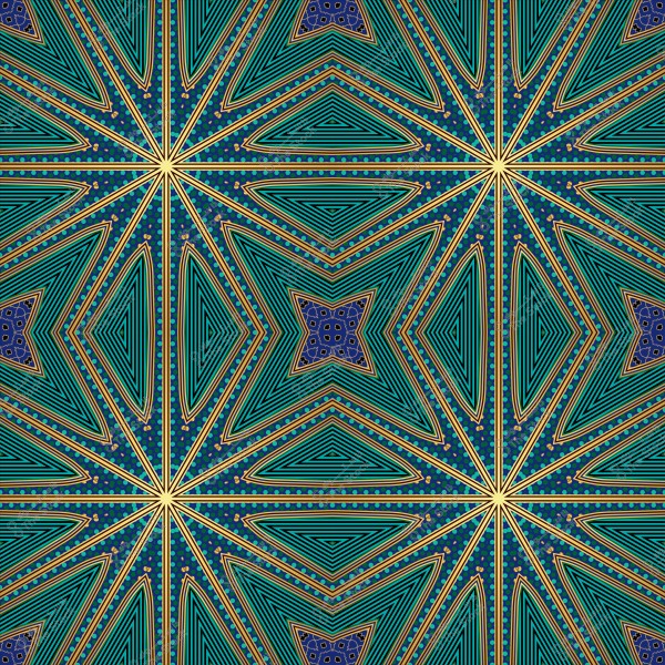 نمط هندسي متماثل بألوان زرقاء وخضراء وأصفر, يشكل نجومًا متعددة الأضلاع بتصميم معقد ومتشابك.