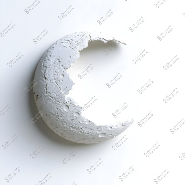A white crescent shape with terrain-like details resembling the moon\'s surface, set against a white background.