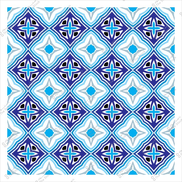 تصميم هندسي بزخارف متكررة بألوان زرقاء وسوداء وبيضاء.