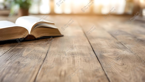 An image of an open book placed on a wooden table. The book is on the left side of the image, while the table extends towards a slightly blurred background with warm natural lighting.