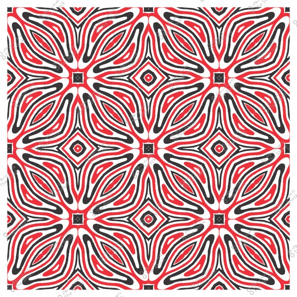 نمط هندسي متماثل بألوان حمراء وسوداء وبيضاء يشبه الزهور داخل مربعات.