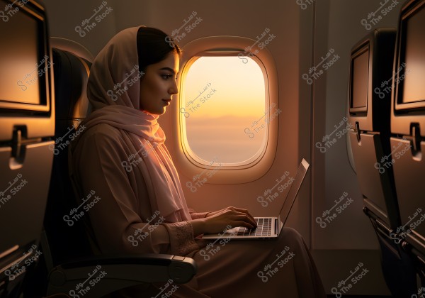 A woman sits inside an airplane by a window during sunset, using a laptop. She is wearing a pink hijab and an abaya of the same color. The golden light from the sunset beautifully illuminates her cabin.