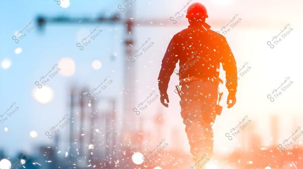 An image of a construction worker wearing a red helmet and safety gear, walking away at a construction site. The background features construction cranes and bright lights, creating a dynamic and busy atmosphere.