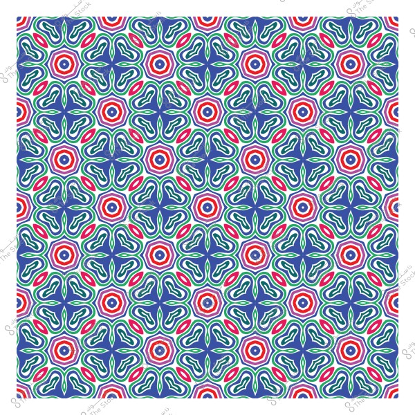 نمط هندسي متماثل بألوان زرقاء وحمراء وخضراء, مكوّن من أشكال سداسية وفراشات متداخلة.