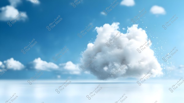 An image of a large cloud in the sky against a clear blue background. The cloud appears dense, surrounded by some sparkling particles, giving an impression of movement or shimmer. In the background, there are smaller clouds spread across the horizon.