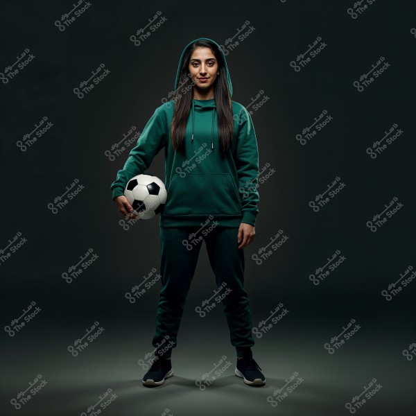 An image of a woman in a dark green tracksuit with a hood, standing confidently while holding a soccer ball. The background is dark, highlighting the details of her outfit and the ball she is holding. The attire conveys a modern or athletic theme.