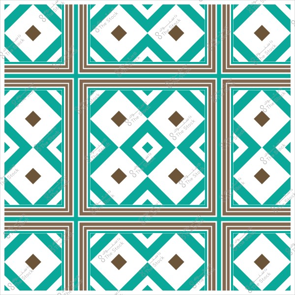 نمط زخرفي هندسي يتضمن مربعات وخطوط متقاطعة بألوان أزرق وبني على خلفية بيضاء.