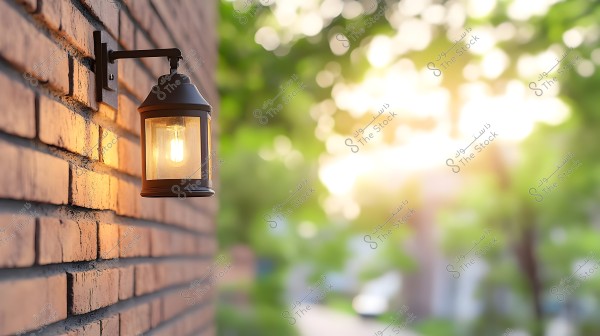 An outdoor light fixture on a brick wall glowing in the evening, emitting a soft, warm light. The background is blurred with green trees and sunlight filtering through the leaves, creating a peaceful and serene atmosphere.