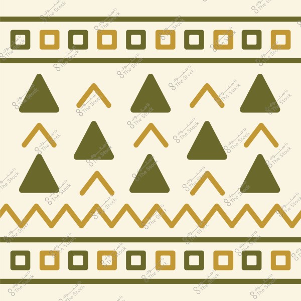 A design with a traditional pattern featuring geometric shapes in green and gold colors. The pattern includes lines and repeating motifs of triangles and squares in symmetrical dimensions.