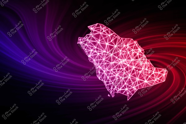 A digital map of Saudi Arabia in glowing pink with interconnected lines, set against a dark background gradient from purple to red, creating a stunning wave-like effect.