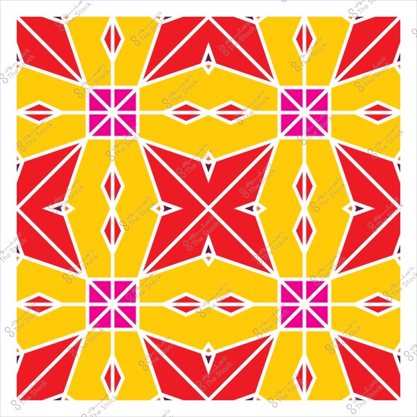 Geometric design featuring interlocking shapes in vibrant colors including red, yellow, and pink on a white background. The shapes are outlined with white lines, with squares in the center.