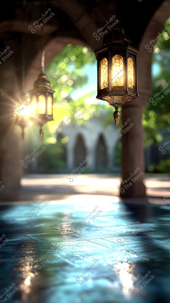 A scene of a wet cobblestone floor reflecting sunlight filtered through illuminated Arabic lanterns above. In the background, arches and patches of green trees are visible, creating a sense of tranquility and calm.