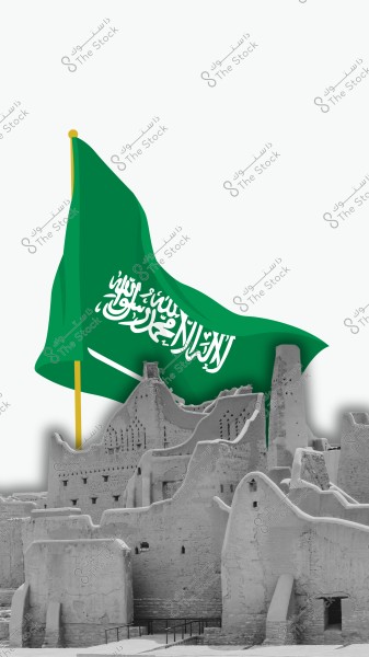 Image of the green flag of Saudi Arabia waving above historical mud-brick buildings in Diriyah, Saudi Arabia. The buildings feature traditional architectural design with decorative details on the walls.