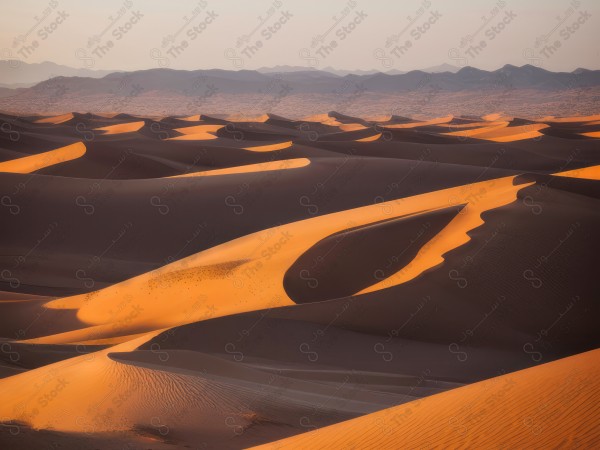 A shot of the golden sand dunes in the Saudi desert and the sky appears clear during the day, the Empty Quarter, desert areas, designed by Ai.