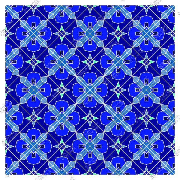 نمط هندسي متكرر بألوان زرقاء وأشكال سداسية متداخلة مع تفاصيل تشبه الأزهار والنجوم. التصميم يتميز بخطوط بيضاء متقاطعة تضيف عمقًا وتعقيدًا إلى الشكل, مما يخلق تأثيرًا بصريًا متناغمًا وجذابًا.

-