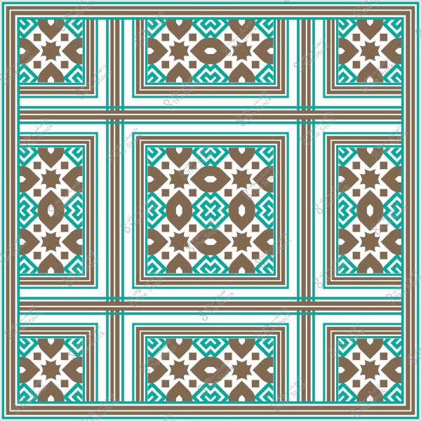 تصميم أندلسي هندسي بألوان البني والتركواز, يتضمن أشكالًا متداخلة وخطوطًا متقاطعة.