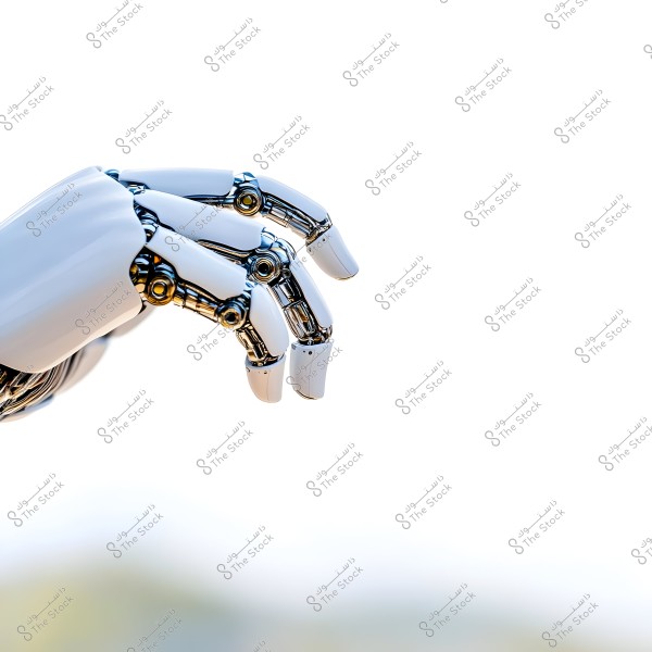 The image shows a robotic hand made of silver and white metals, with clear details of the joints and fingers. The hand is slightly curled against a cold white background.