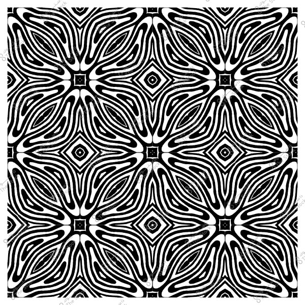 نمط هندسي متماثل بأشكال متكررة بالأبيض والأسود يشبه الماندالا أو التصميم القبلي.